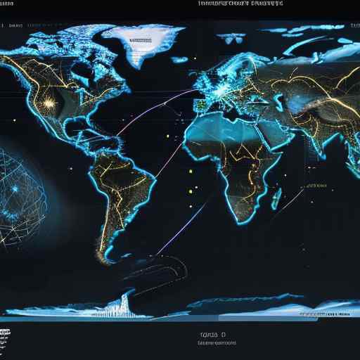A digital world map with glowing lines connecting major financial hubs like London, New York, and Singapore, illustrating secure data flows and global payment transactions against a dark background.