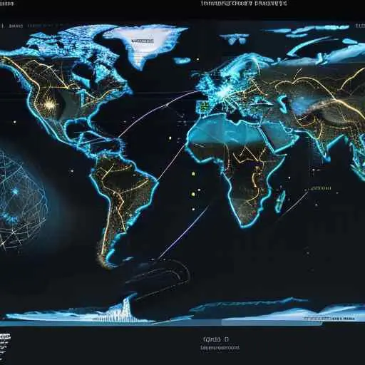 A digital world map with glowing lines connecting major financial hubs like London, New York, and Singapore, illustrating secure data flows and global payment transactions against a dark background.
