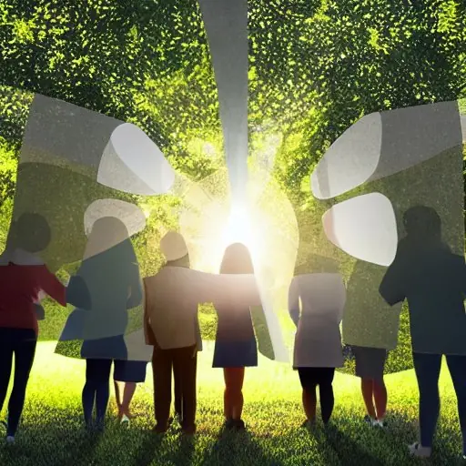 A diverse group in a sunlit park, each holding a tablet projecting a protective shield of light, symbolizing collective digital sovereignty.