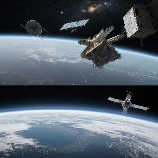 A dramatic comparison of Starlink satellites versus Blue Origin's compute-focused architecture in low Earth orbit, illustrating regulatory friction between established internet providers and new space-based computing entrants seeking FCC approval.