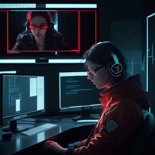 A focused cybersecurity analyst wearing a headset monitors network traffic on multiple screens in a dark server room. Red alert reflections in their glasses highlight the intensity of active incident response and the critical need for organization…