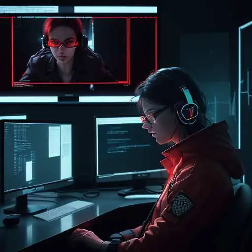 A focused cybersecurity analyst wearing a headset monitors network traffic on multiple screens in a dark server room. Red alert reflections in their glasses highlight the intensity of active incident response and the critical need for organization…