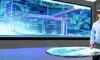 A futuristic control room with blue ambient light shows an engineer interacting with holographic server models, illustrating secure AI infrastructure governance.
