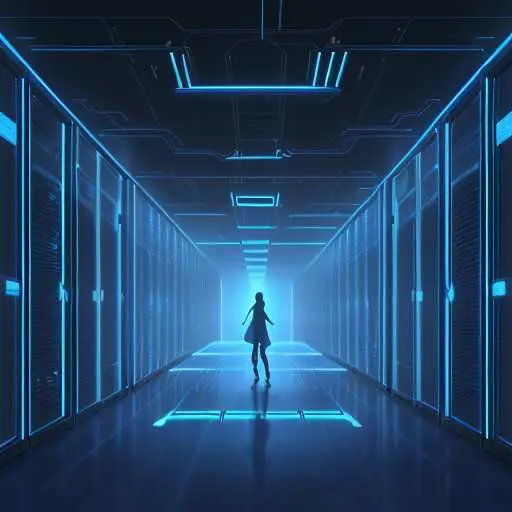 A futuristic data center corridor with rows of server racks under cool blue light, displaying digital overlays of real-time security metrics and throughput speeds on the walls.