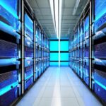 A futuristic datacenter interior bathed in cool blue light, featuring rows of server racks and a central holographic neural network projection visualizing golden data flow lines.