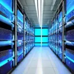 A futuristic datacenter interior bathed in cool blue light, featuring rows of server racks and a central holographic neural network projection visualizing golden data flow lines.