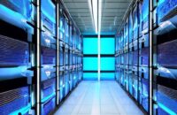 A futuristic datacenter interior bathed in cool blue light, featuring rows of server racks and a central holographic neural network projection visualizing golden data flow lines.