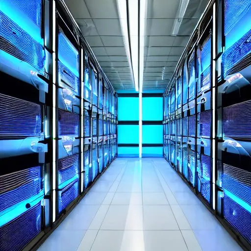 A futuristic datacenter interior bathed in cool blue light, featuring rows of server racks and a central holographic neural network projection visualizing golden data flow lines.
