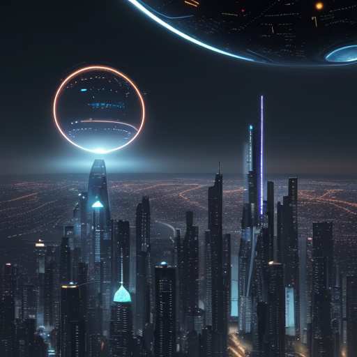 A futuristic dusk cityscape linked by glowing orbital datacenters, illustrating how private innovation is merging terrestrial and space internet infrastructure for future digital sovereignty.