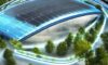 A futuristic energy plant visualization featuring a sleek, transparent reactor core glowing with soft blue light inside a modern glass structure. Lush greenery and solar panels surround the architecture, symbolizing a sustainable clean energy future.