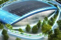 A futuristic energy plant visualization featuring a sleek, transparent reactor core glowing with soft blue light inside a modern glass structure. Lush greenery and solar panels surround the architecture, symbolizing a sustainable clean energy future.