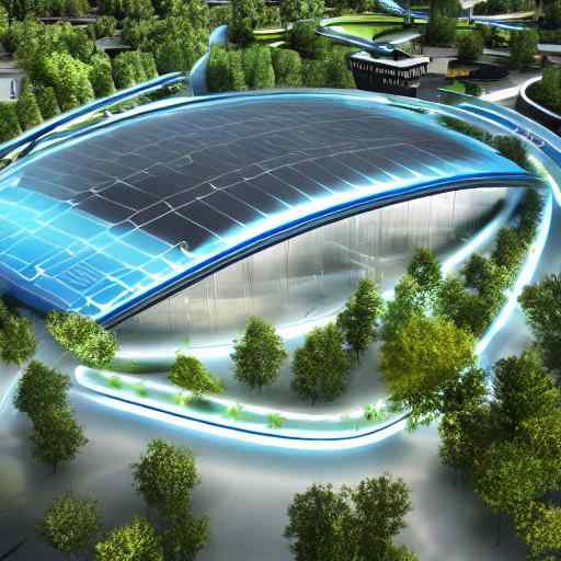 A futuristic energy plant visualization featuring a sleek, transparent reactor core glowing with soft blue light inside a modern glass structure. Lush greenery and solar panels surround the architecture, symbolizing a sustainable clean energy future.
