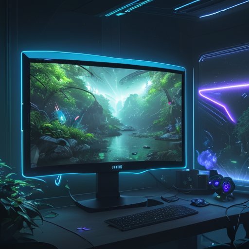 A futuristic gaming monitor displays a vibrant sci-fi landscape with lush greenery and glowing neon structures under twilight. Ray-traced reflections shimmer on water surfaces within volumetric fog, while ambient blue light reflects off the screen…