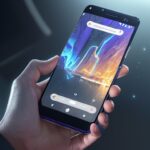 A futuristic Google Pixel smartphone displays holographic AI data streams in blue light, highlighting advanced processing metrics against a dark background.