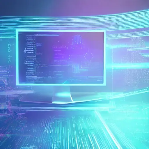 A futuristic holographic interface floats above a clean white desk, displaying abstract blue and purple data streams that symbolize advanced local AI processing tools in a serene, minimalist studio setting.
