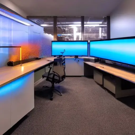 A futuristic home office features a massive custom server rack with glowing blue LEDs against a dark wall. Framed schematics hang nearby, while ambient light illuminates floating dust particles, highlighting the system status display on the front …
