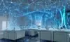 A futuristic lab showcases a glowing, intricate network of living neurons inside a transparent glass containment unit. This bioluminescent biological processor pulses with energy, surrounded by sleek metallic consoles displaying complex data strea…