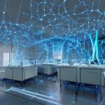 A futuristic lab showcases a glowing, intricate network of living neurons inside a transparent glass containment unit. This bioluminescent biological processor pulses with energy, surrounded by sleek metallic consoles displaying complex data strea…