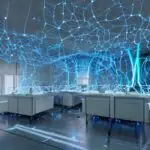 A futuristic lab showcases a glowing, intricate network of living neurons inside a transparent glass containment unit. This bioluminescent biological processor pulses with energy, surrounded by sleek metallic consoles displaying complex data strea…