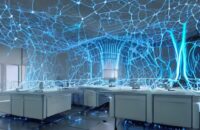 A futuristic lab showcases a glowing, intricate network of living neurons inside a transparent glass containment unit. This bioluminescent biological processor pulses with energy, surrounded by sleek metallic consoles displaying complex data strea…