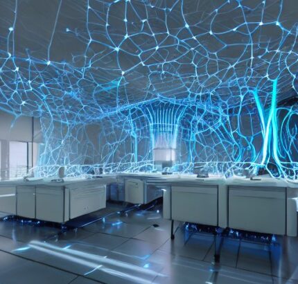 A futuristic lab showcases a glowing, intricate network of living neurons inside a transparent glass containment unit. This bioluminescent biological processor pulses with energy, surrounded by sleek metallic consoles displaying complex data strea…