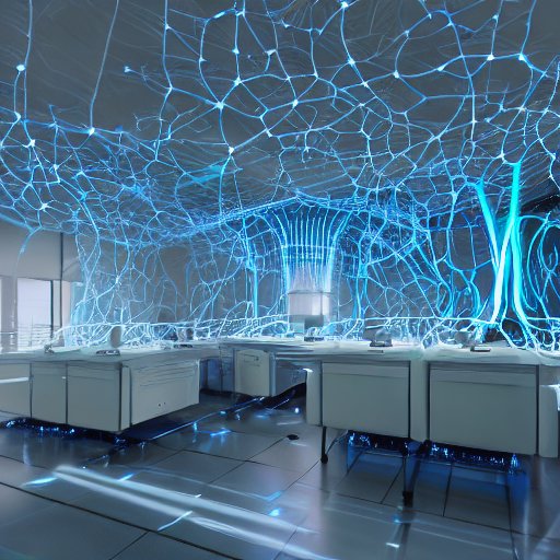 A futuristic lab showcases a glowing, intricate network of living neurons inside a transparent glass containment unit. This bioluminescent biological processor pulses with energy, surrounded by sleek metallic consoles displaying complex data strea…