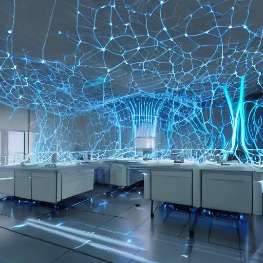 A futuristic lab showcases a glowing, intricate network of living neurons inside a transparent glass containment unit. This bioluminescent biological processor pulses with energy, surrounded by sleek metallic consoles displaying complex data strea…