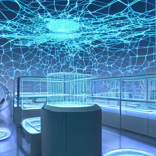 A futuristic laboratory showcases a glowing, intricate network of living neurons inside a transparent glass containment unit, symbolizing the symbiotic fusion of advanced technology and organic biology.