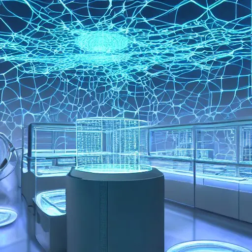 A futuristic laboratory showcases a glowing, intricate network of living neurons inside a transparent glass containment unit, symbolizing the symbiotic fusion of advanced technology and organic biology.