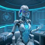 A futuristic medical lab where a doctor examines a glowing neural heart hologram, surrounded by robotic arms assembling molecular drug compounds under cinematic blue lighting.