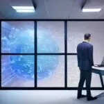 A futuristic office scene with a professional at a glass desk surrounded by holographic displays showing network diagrams and AI code streams, illustrating the disruption of traditional IT certification models.