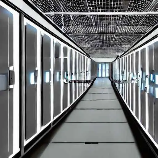 A futuristic server room corridor with rows of high-performance computing units featuring blinking status lights, set against a bright horizon that suggests endless scalability.