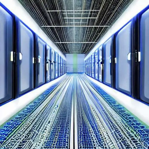 A futuristic server room with glowing blue LED lights on racks, showcasing advanced technology supporting community health and agricultural innovation in West Virginia.
