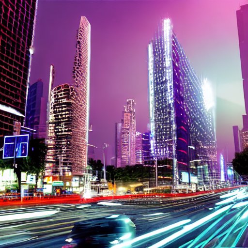 A futuristic smart city street at night where autonomous vehicles, hovering drones, and holographic ads showcase the vibrant integration of 6G connectivity and AI in daily life.