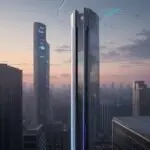 A futuristic smartphone floats above Amazon's headquarters at dusk, glowing with blue AI data streams connecting to cloud servers. This visual represents the company's new hardware strategy and advanced processing units for mobile artificial intel…