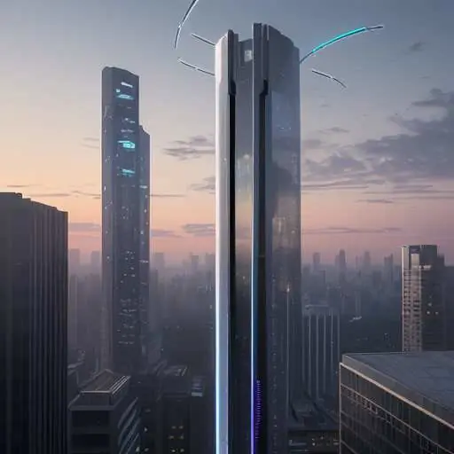 A futuristic smartphone floats above Amazon's headquarters at dusk, glowing with blue AI data streams connecting to cloud servers. This visual represents the company's new hardware strategy and advanced processing units for mobile artificial intel…
