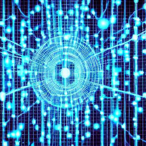 A futuristic visualization of secure industrial data flowing through a glowing blue network grid, symbolizing robust cybersecurity infrastructure protecting sensitive manufacturing information from external threats.