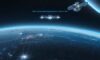 A futuristic wide-angle view of a constellation of sleek metallic satellites orbiting Earth at night. The satellites glow with blue server lights, radiating heat signatures as they transition from communication relays to active computing hubs agai…