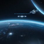 A futuristic wide-angle view of a constellation of sleek metallic satellites orbiting Earth at night. The satellites glow with blue server lights, radiating heat signatures as they transition from communication relays to active computing hubs agai…