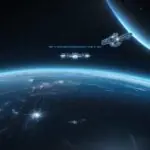 A futuristic wide-angle view of a constellation of sleek metallic satellites orbiting Earth at night. The satellites glow with blue server lights, radiating heat signatures as they transition from communication relays to active computing hubs agai…