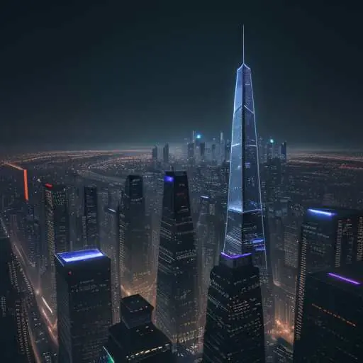 A glowing neural network floats above a modern city skyline at twilight, symbolizing the balance between proprietary AI innovation and open collaboration for consumer trust.