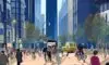 A golden sunrise illuminates a bustling city street where diverse pedestrians, cyclists, and commuters navigate while checking smartphones and smartwatches, highlighting the pervasive role of wearable technology in modern daily life.