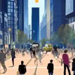 A golden sunrise illuminates a bustling city street where diverse pedestrians, cyclists, and commuters navigate while checking smartphones and smartwatches, highlighting the pervasive role of wearable technology in modern daily life.