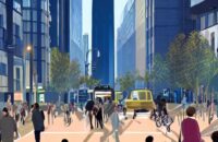 A golden sunrise illuminates a bustling city street where diverse pedestrians, cyclists, and commuters navigate while checking smartphones and smartwatches, highlighting the pervasive role of wearable technology in modern daily life.