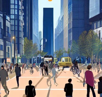 A golden sunrise illuminates a bustling city street where diverse pedestrians, cyclists, and commuters navigate while checking smartphones and smartwatches, highlighting the pervasive role of wearable technology in modern daily life.