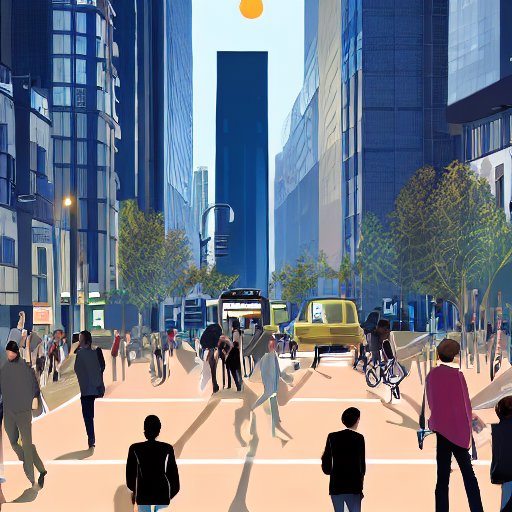 A golden sunrise illuminates a bustling city street where diverse pedestrians, cyclists, and commuters navigate while checking smartphones and smartwatches, highlighting the pervasive role of wearable technology in modern daily life.