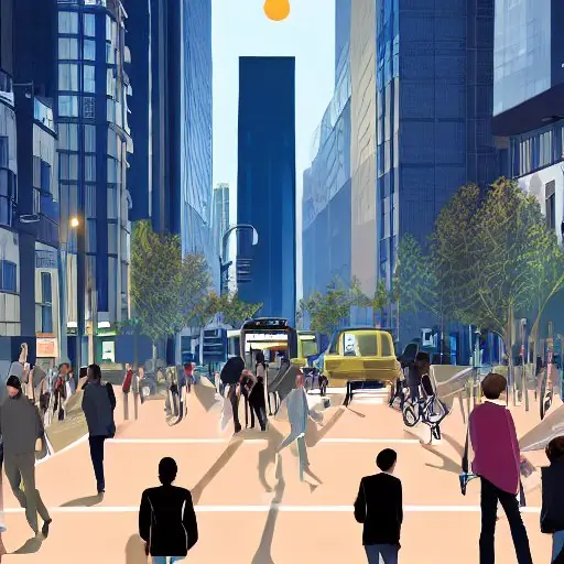 A golden sunrise illuminates a bustling city street where diverse pedestrians, cyclists, and commuters navigate while checking smartphones and smartwatches, highlighting the pervasive role of wearable technology in modern daily life.