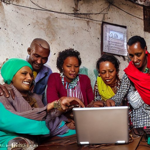 A group of Ethiopian small business owners gather around a laptop, using the M-PESA Ethiopia app to apply for a microloan. The AI interface shows a progress bar and credit score summary, while vibrant market scenes in the background highlight thei…