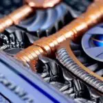 A high-performance NVIDIA graphics card rests on a matte black desk, illuminated by cinematic blue and orange lighting that highlights its metallic heatsink fins and glowing green status indicators.