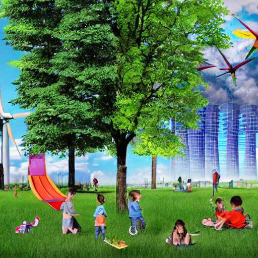 A hopeful vision of a smokeless world where wind turbines and fusion reactors stand alongside a peaceful park where children play, symbolizing the harmonious balance between nature and clean technology.